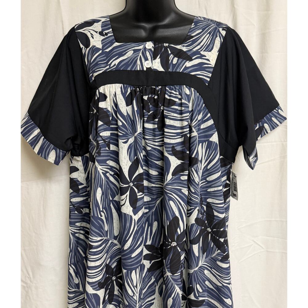 Good Times Womens Shift Midi Muumuu Dress XL Blue Black Hawaiian Aloha New - Picture 2 of 9